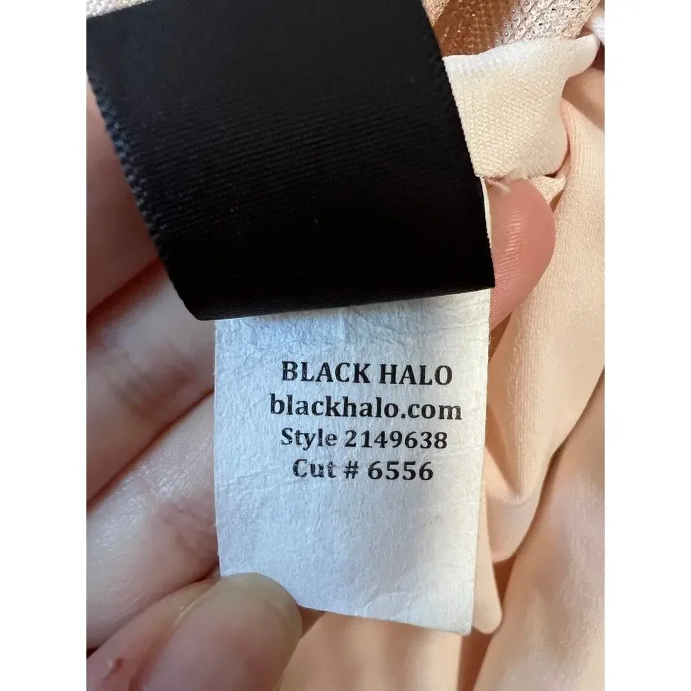 Black Halo Bowery Shirred Metallic Sheath Cocktail Dress Apricot Old Money SZ 2